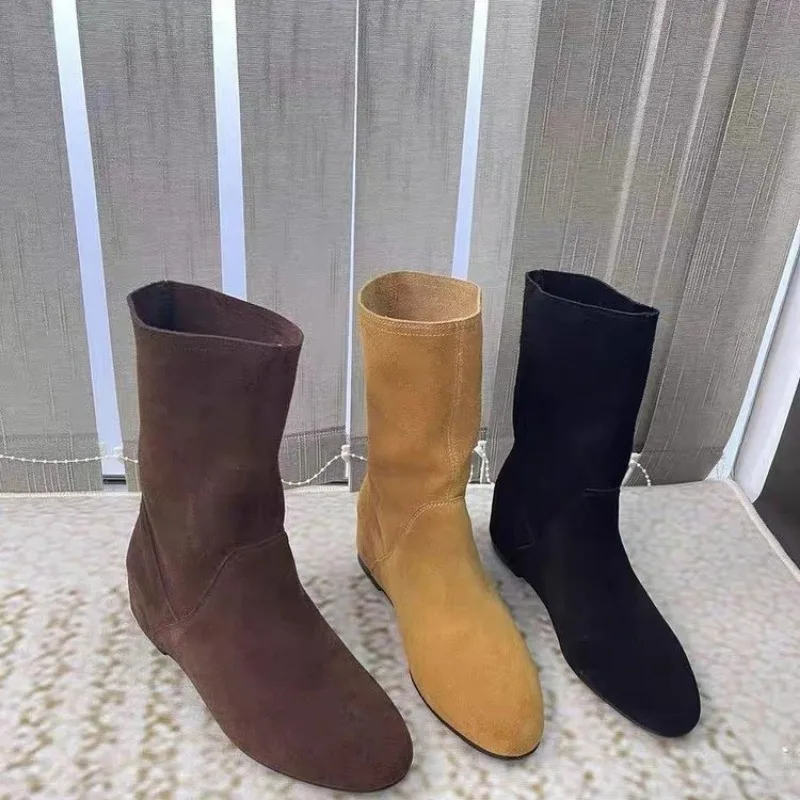 2025Autumn Winter Women Boots Mid-Calf  Boots Brand Fashion Female Stretch Cotton Fabric Slip-on Boots Flat Shoes Woman