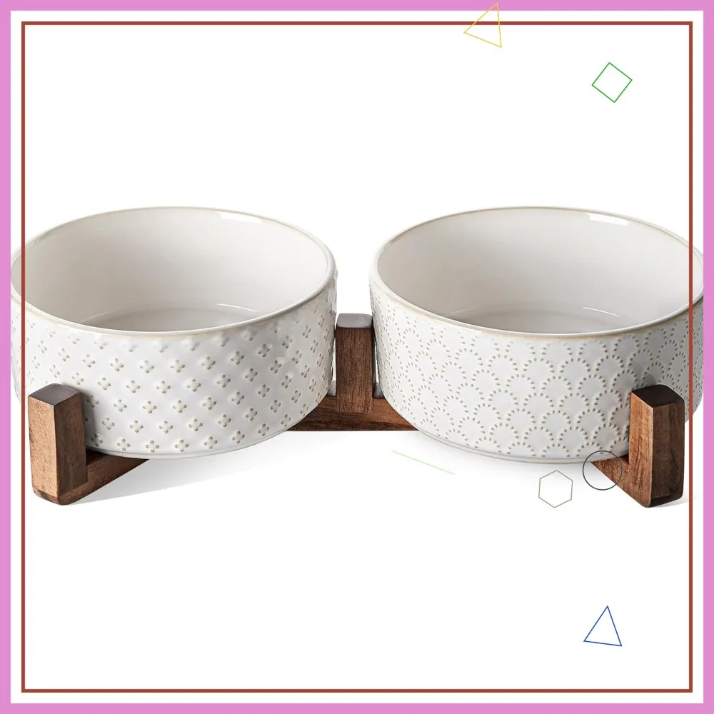 

Ceramic Dog Bowls with Acacia Wood Stand - 7 Inch Food & Water Set for Medium-Large Dogs - Weighted Pet Bowls