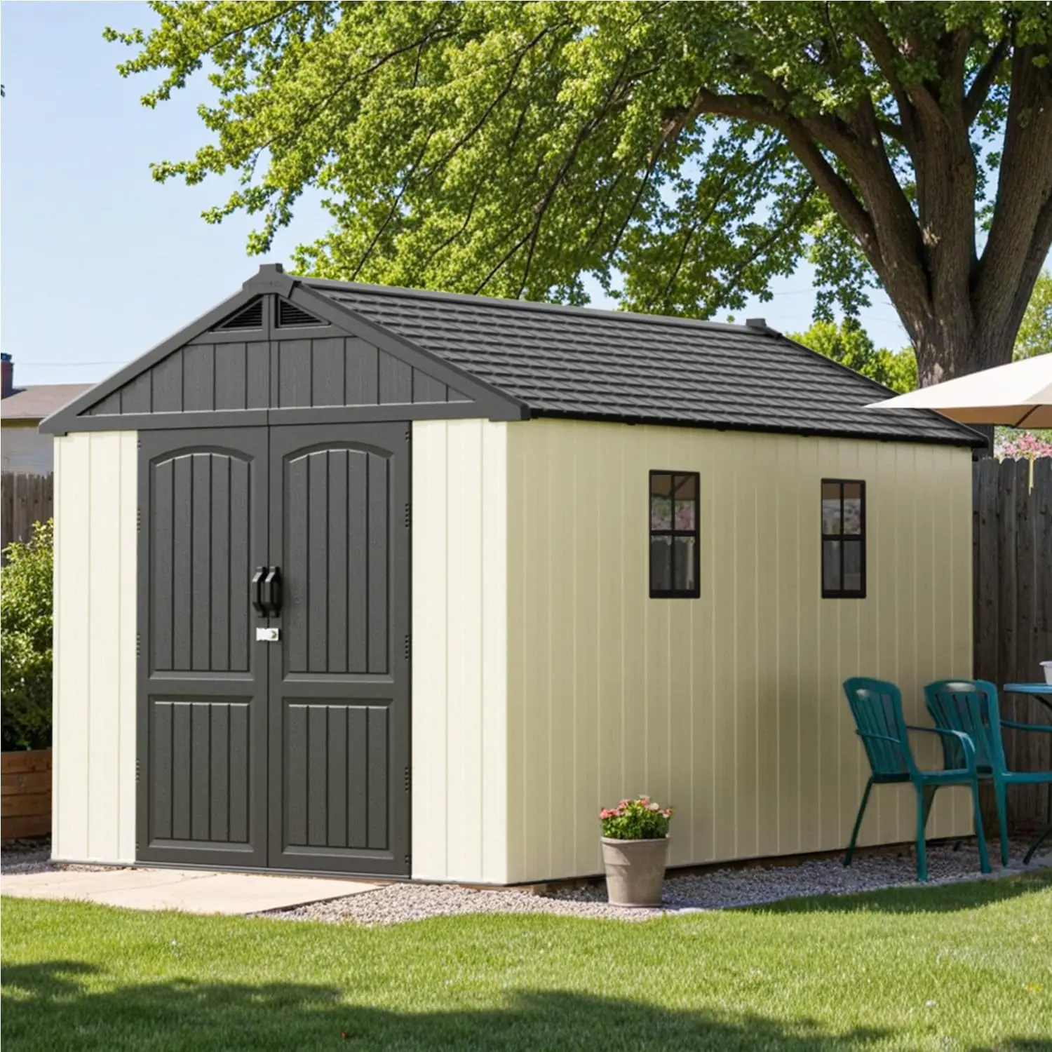 8 x 12 FT Resin Outdoor Storage Shed with Floor Large Shed with Light and Lockable Door for Garden Beige (Kick-it Shed)