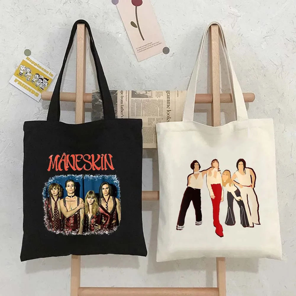 Maneskin Damiano David ปากผู้ชายผู้หญิง Messenger Shopping Tote กระเป๋าขนาดใหญ่ความจุผ้าใบลําลองไหล่กระเป๋าถือหญิง