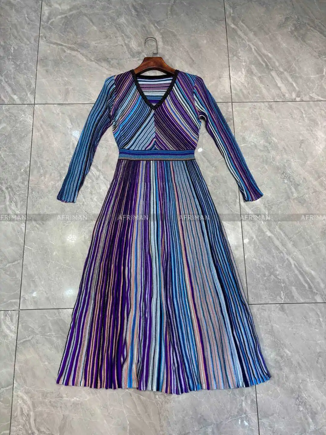 Women V Neck Long Sleeve Bright Silk Color Mosaic Stripe Waist Temperament Long Knitted Dress