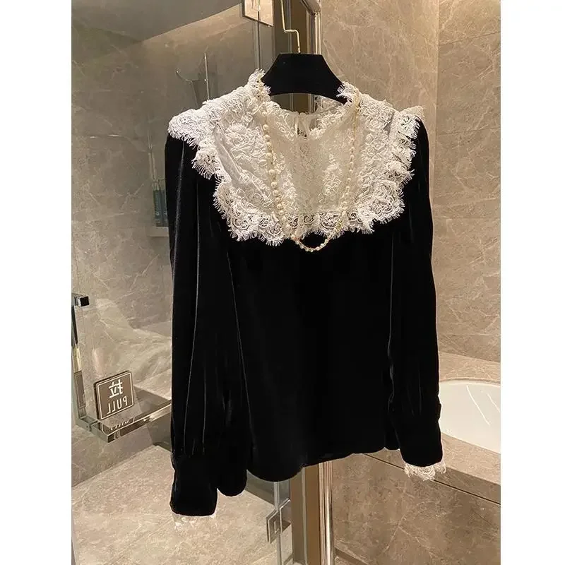 Golden Velvet Patchwork Kant Nieuwe Vrouwen Populaire Unieke Tops Westerse Stijl Kleur Botsing Ruches Stand Lange Mouwen Tops E7556