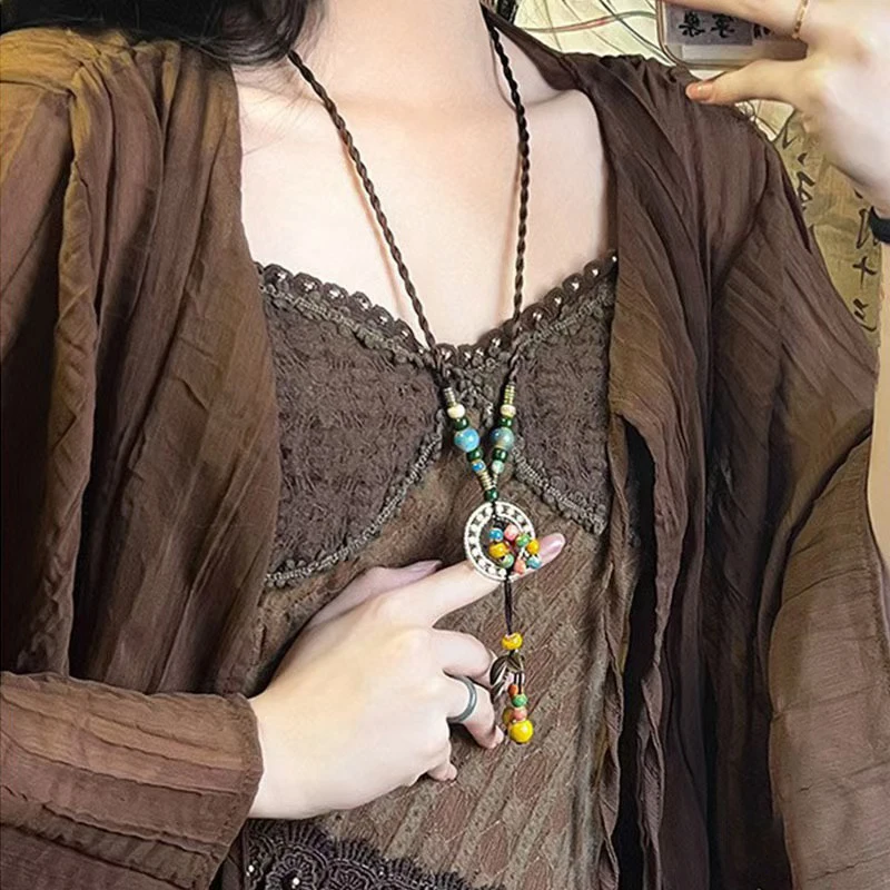 Vintage Bohemian Style Ceramic Beaded Woven Necklace For Women Girls Ethnic Style Long Necklace Jewelry Accessories Gifts