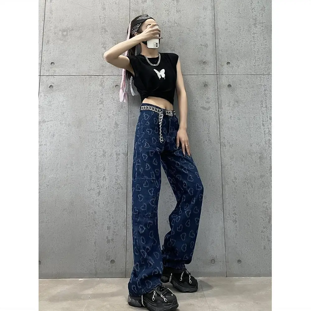 Retro Jeans Women's Spring/Summer New Love Print Wide Leg Pants Korean High Waist Loose fitting Fashion Casual Denim Pants