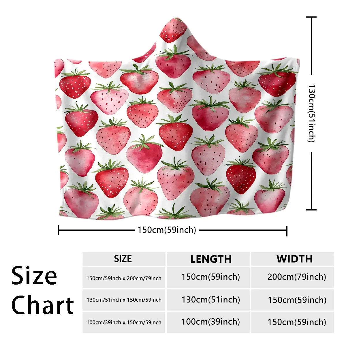 1pc watercolor red and pink strawberry pattern flannel hoodie can be worn as a cape or blanket multiple sizes