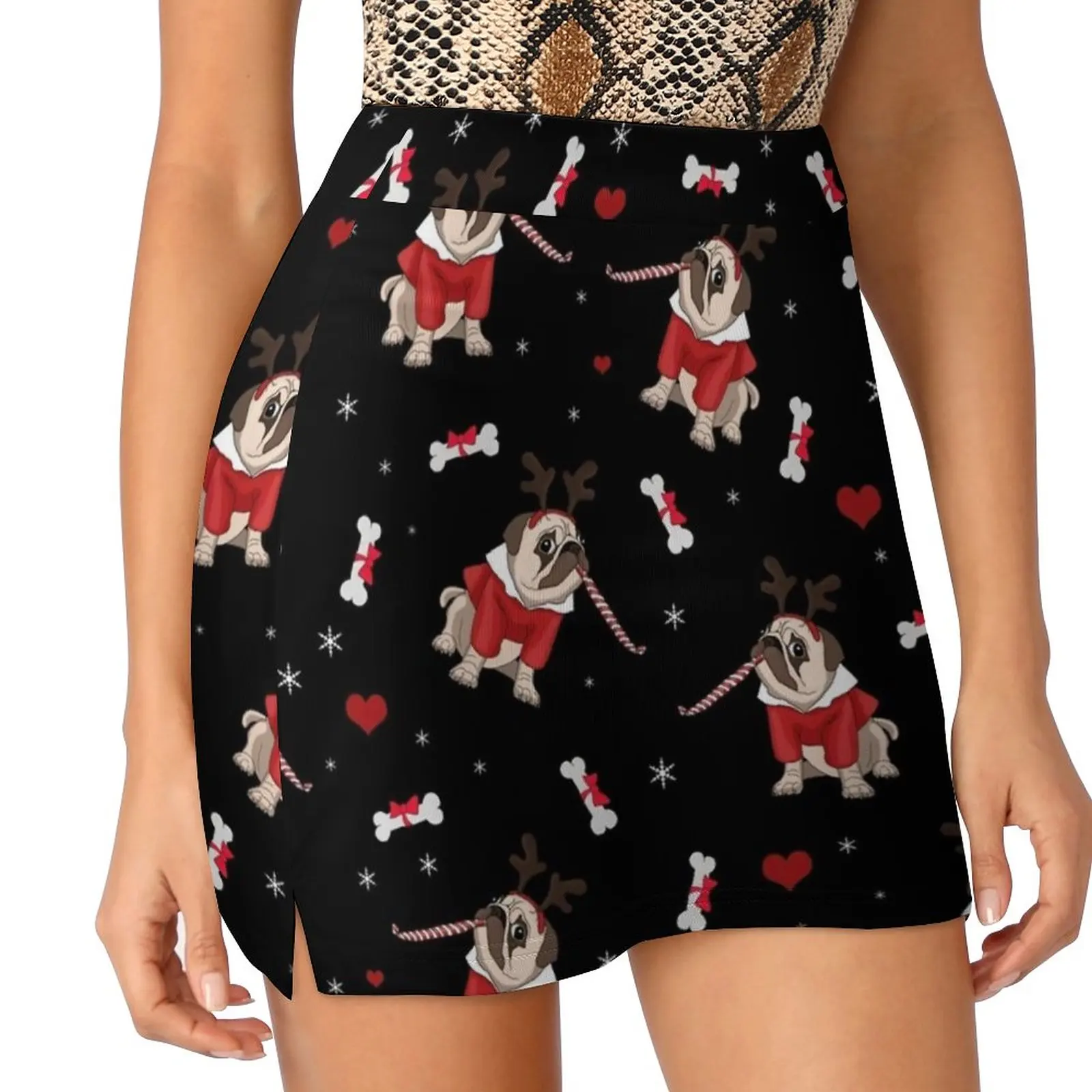 Pug Xmas Pattern Women's skirt Mini Skirts A Line Skirt With Hide Pocket Pattern Pug Dog Cute Santa Reindeer Joke Funny Winter