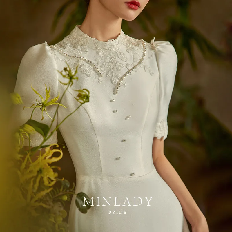 

Women White Beading Wedding Dress Lace Lantern Sleeve Slim Floor-length Banquet Dresses Zipper Engagement French New Ball Gown