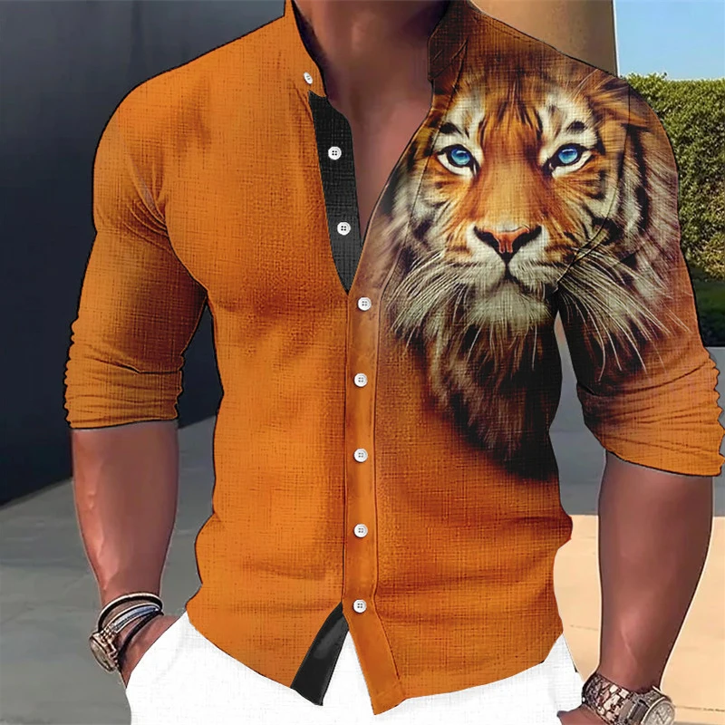 Tiger 3D Printed Shirt Men Spring Autumn Long Sleeve Stand Collar Tops New Fashion Casual Shirts Streetwear Clothing For Mens