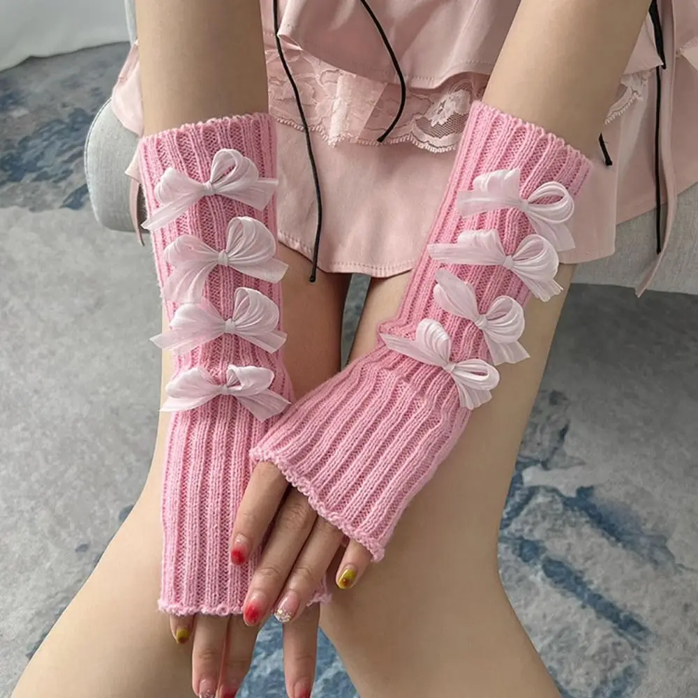 

Cool Solid Color Bow Knitted Gloves Gothic JK Arm Warmers Hand Sleeve Long Fingerless Gloves Winter