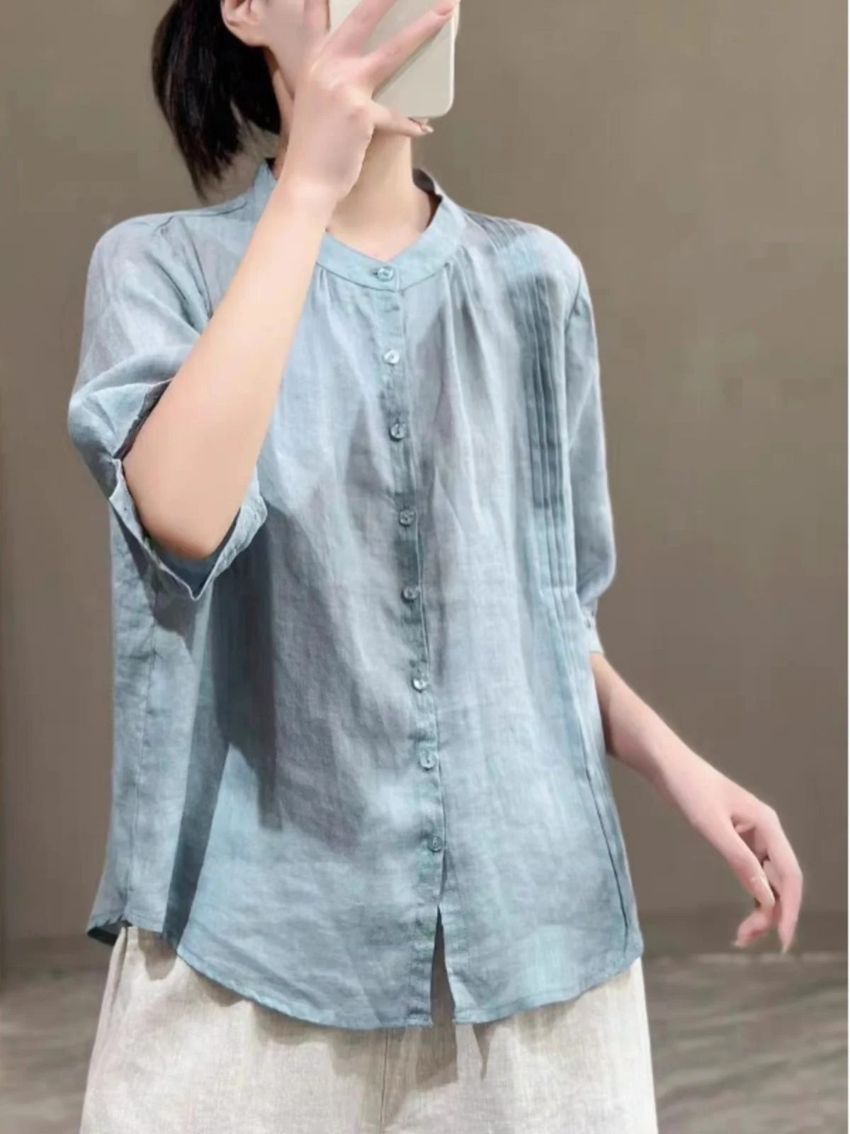 

Casual Cotton Linen ort Sve irt Women's All-Match Accordion Pleat Stand Collar Loose Fit Regular Length Button up
