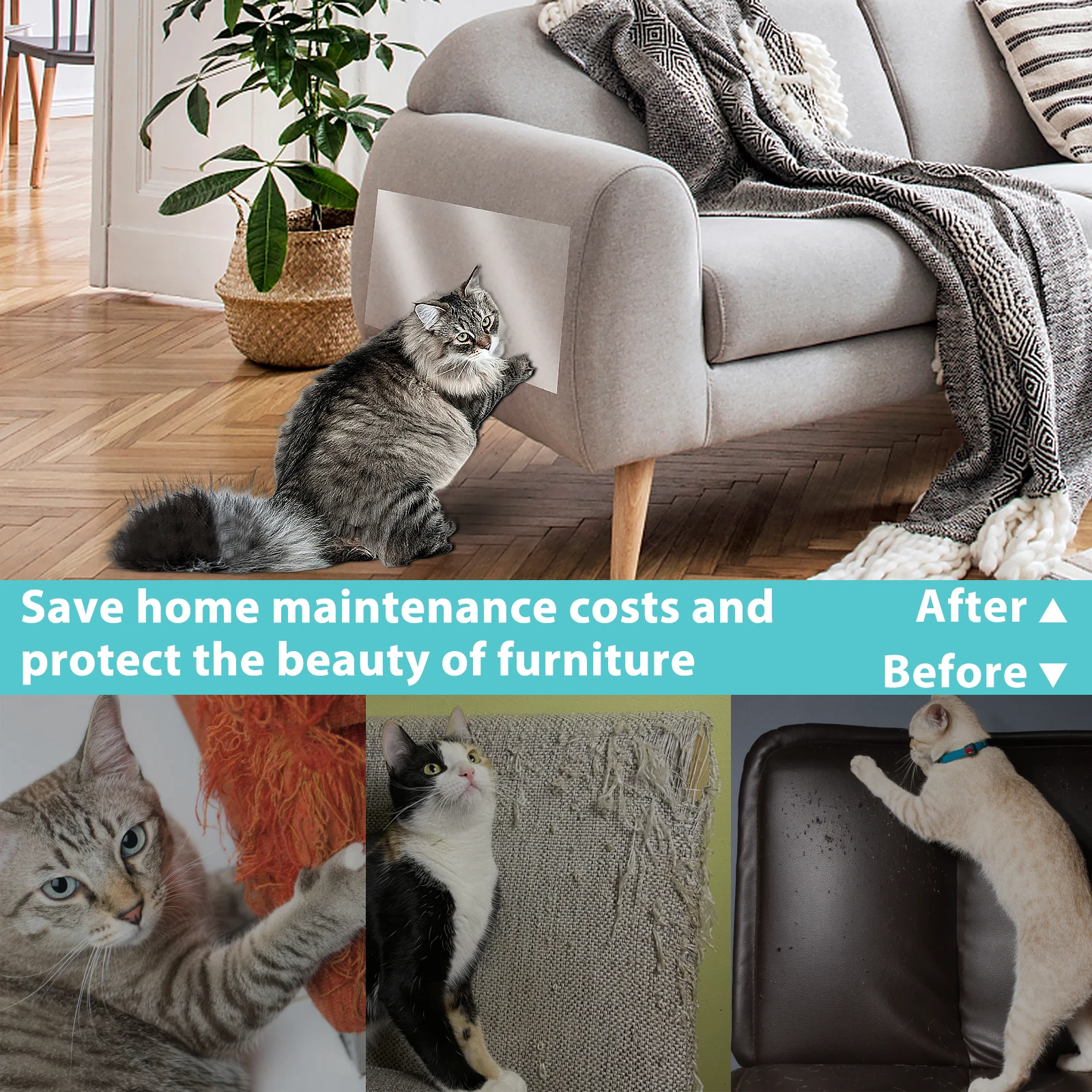 45x500cm Anti Cat Scratch Furniture Protector Self-Adhesive Peelable Cat Training Protectors PVC Transparent Tape for Couch Sofa