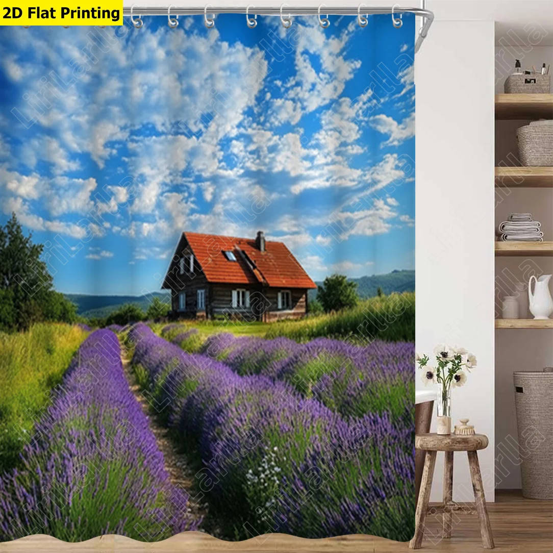 Lavender Field Shower Curtain Country House Blue Sky Print Waterproof Bathroom Decor Nature Scenery Bath Screen Home Accessories