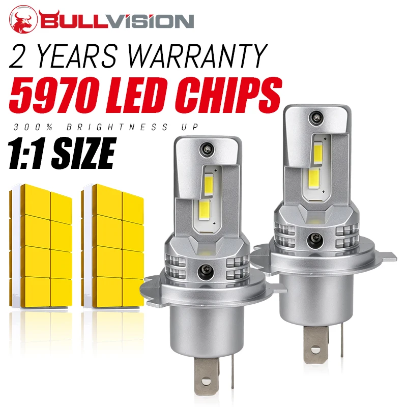 BULLVISION H4 Bi LED Car Headlamp Bulbs CANBUS Hi/Lo Beam Turbo Fan 5970 CSP Super Bright Auto/Moto Spotlights Plug&Play 12V