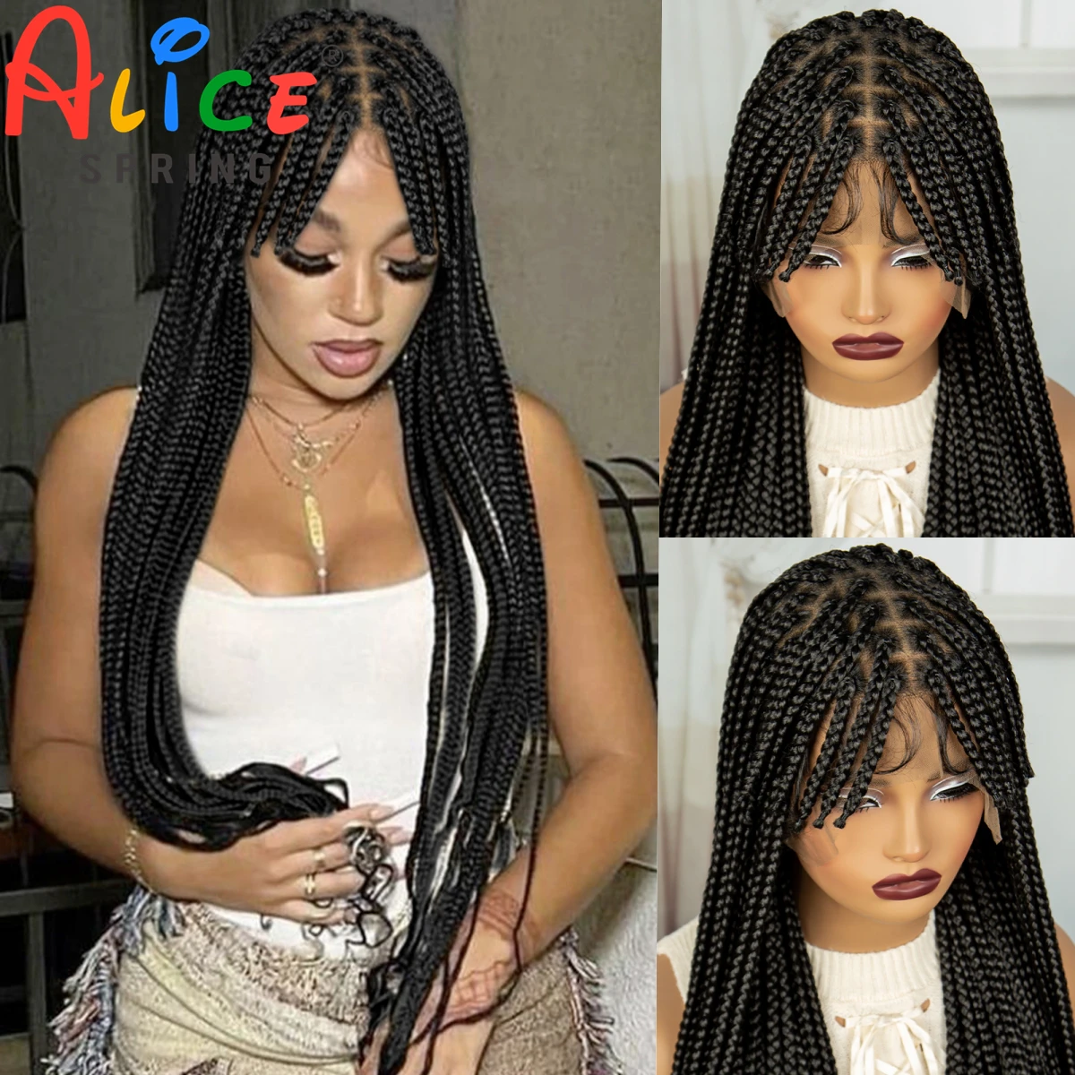 Full Lace Braided Wig with Bangs Synthetic Knotless Box Braids Wig with Baby Hair Lace Frontal Braided Lace Wig for Black Women