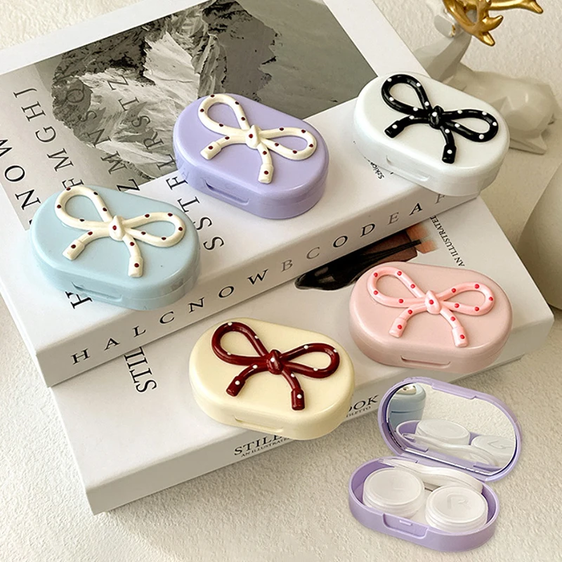 New Candy Color Contact Lenses Box Cute Bow Portable Contact Lens Case With Tweezer Remover Tool Stick Set For Travel Kit Holder
