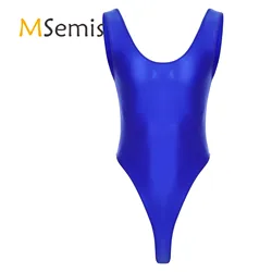 Mens Gymnastics Glossy Backless Bodysuit Underwear High Cut Sleeveless Leotard One-piece Swimsuit Sports Swimming Fitness