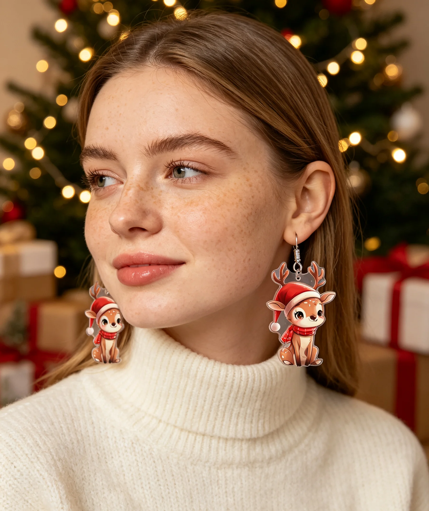 Cute Christmas Reindeer Acrylic Dangle Earrings, Santa Hat Scarf Fawn Xmas Drop Earrings, Winter Festive Holiday Jewelry for Women Girls, 1 Pair