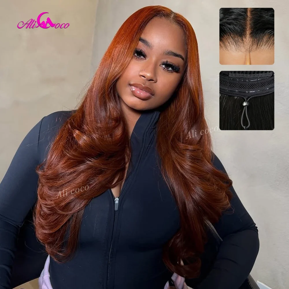 Ombre Copper Brown Orange Wear Go Drawstring Wigs Real Human Hair Glueless Lace Front Transparent HD 5X5 Pre Plucked 180 Density