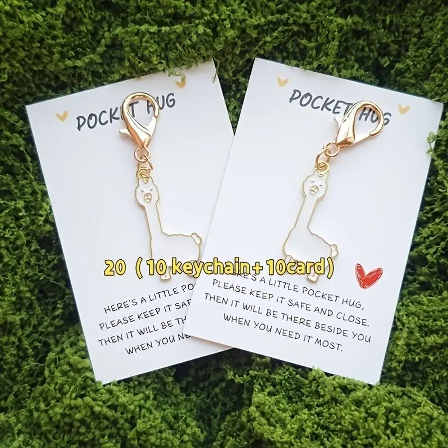 1/5/10/20/50/100pcs Cute White Alpaca Keychains And Pocket Hug Cards Set/10 Keychains + 10 Cards/Perfect Positive Energy Gift fo