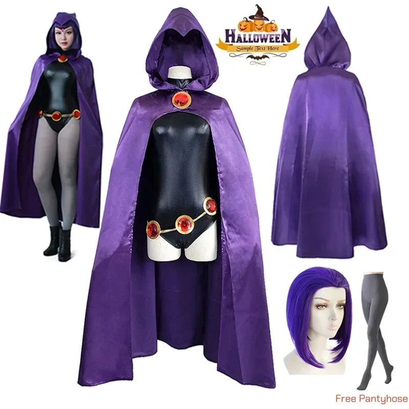 

2026 Women's TeenTitans-Raven Cosplay Costume Jumpsuit Purple Cloak with Belt Halloween Costume Uniform for Girls