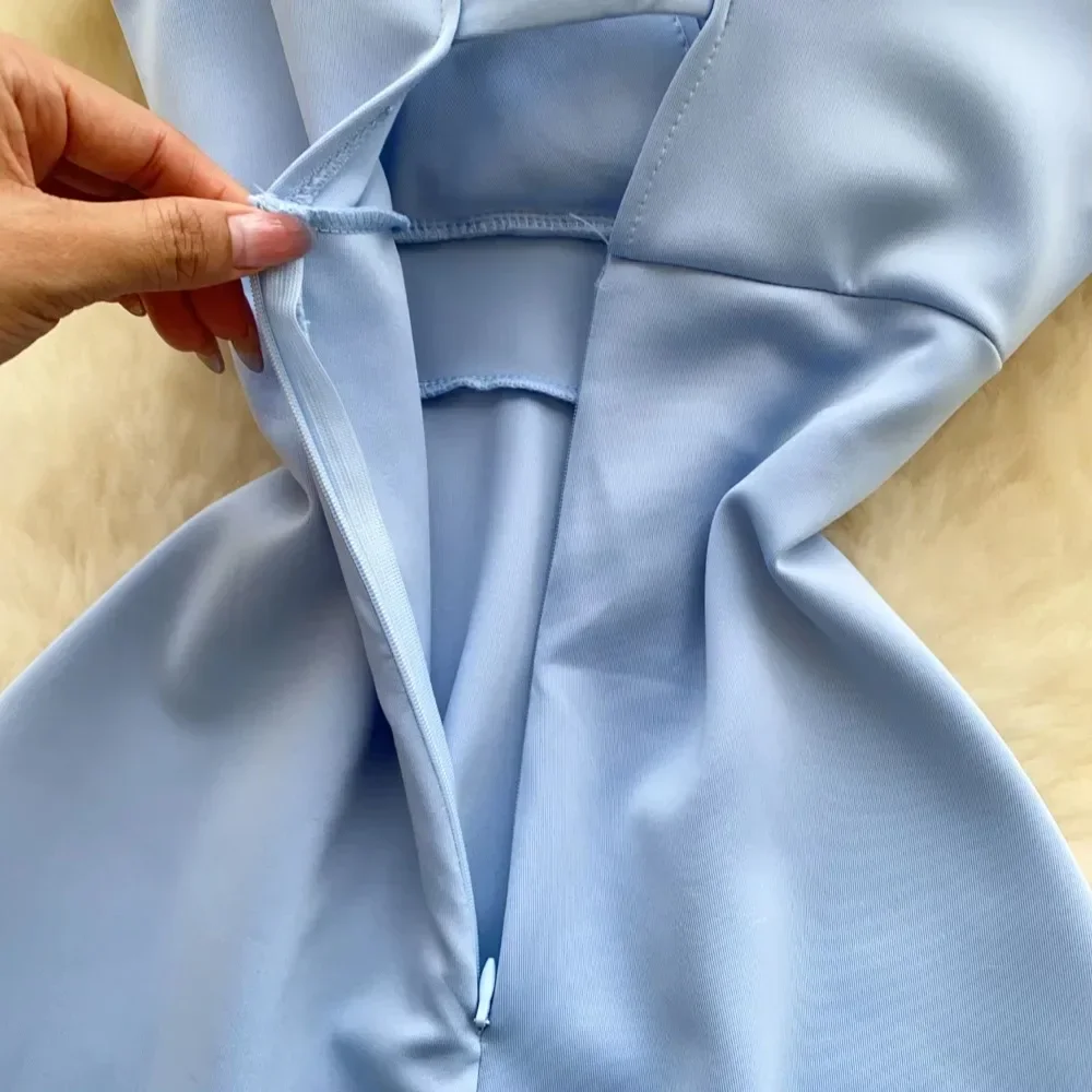 Chic Elegant Pleated Zipper Short Sleeve Korean Sexy Backless A-line Dresses Slim Vintage High Street Evening Women Clothing