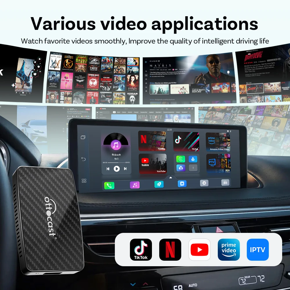 OTTOCAST Play2 Video Pro Adaptador de Carplay sem fios para Android Auto Video Ai Box incorporado no Youtube Netflix para carro com Carplay com fios