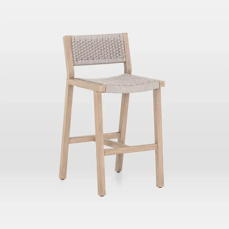 Counter Height Wood Bar Stool Hotel Patio Bar Chairs Villa Home Use Solid Wood Frame Rope Woven Outdoor High Chair