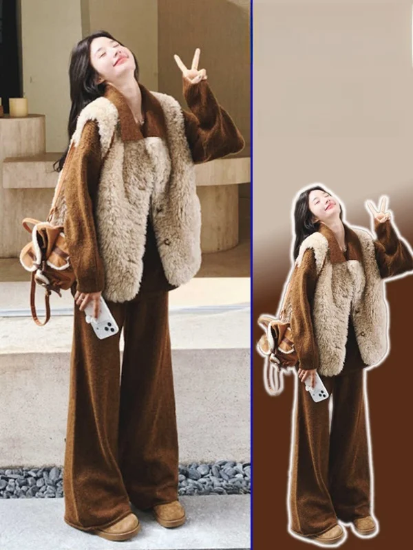 

Повседневный свободный вязаный свитер Lazin Sle больших размеров, корейский комплект из двух предметов: футболка и брюки с широкими штанинами, а также жилет из овечьей шерсти.