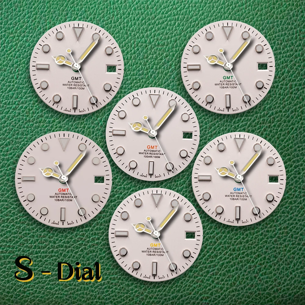 

28,5 мм S логотип, белый циферблат GMT, подходит для механизма NH34, зеленый светящийся, без стрелок, белый матовый циферблат, модификация часов, аксессуары