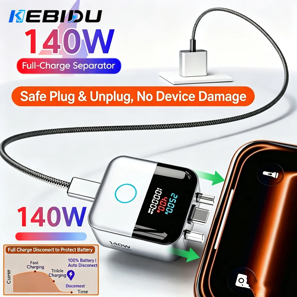 KEBIDU 140W USB C Phone Fully Charged Intelligent Separator Type-C Digital Display Adapter Phones Auto Power Cut Off Charger