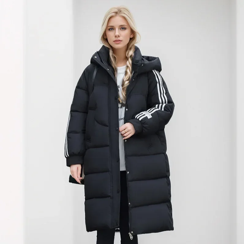 2024 Winter Korean Version Mid length Knee Length Student Pure Black Reflective Stripe White Duck Down Cotton Coat Female Trend