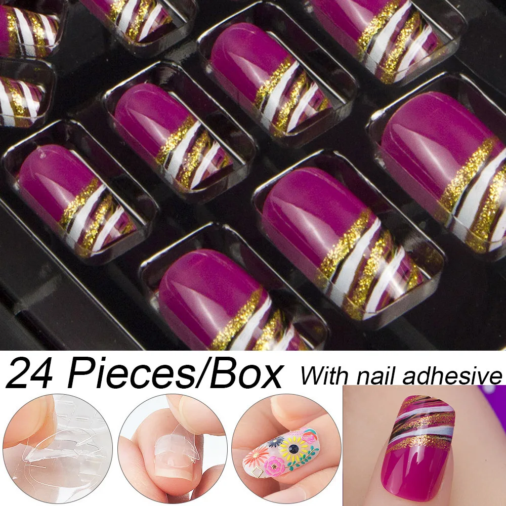 24 Pcs In 1 Box with Nail Glue Tab Press on False Nail Art Tips Full Cover Fake Nail Tip 10 Sizes Coffn Nails with Designs