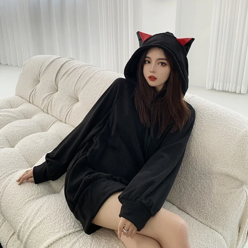 

Pop Women Cozy Cat Ear Velvet Thickened Mid-length Pullover Hooded Sweatshirt