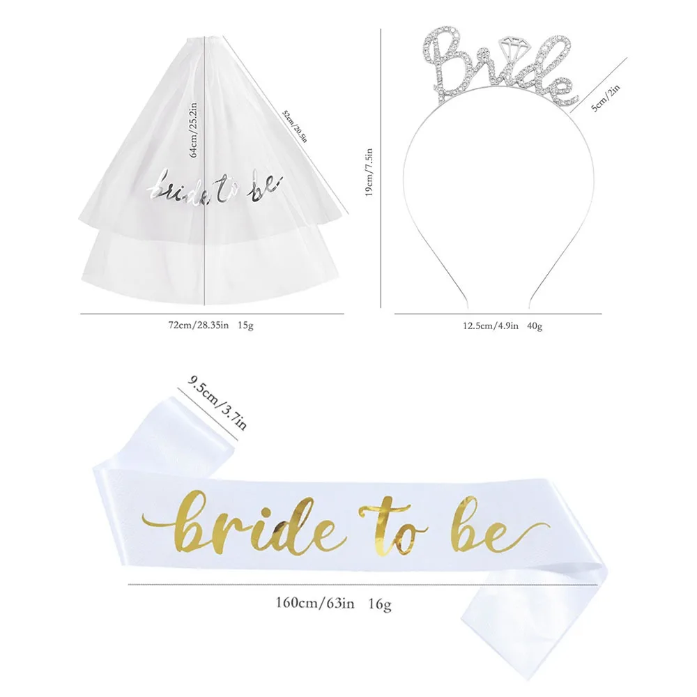 3 Stück/Set Braut-Tiara, Stirnband, Schärpe und Schleier für Junggesellinnenabschied, Brautparty, Hochzeit, Mitbringsel, Dekorationen, Zubehör – Detail 3