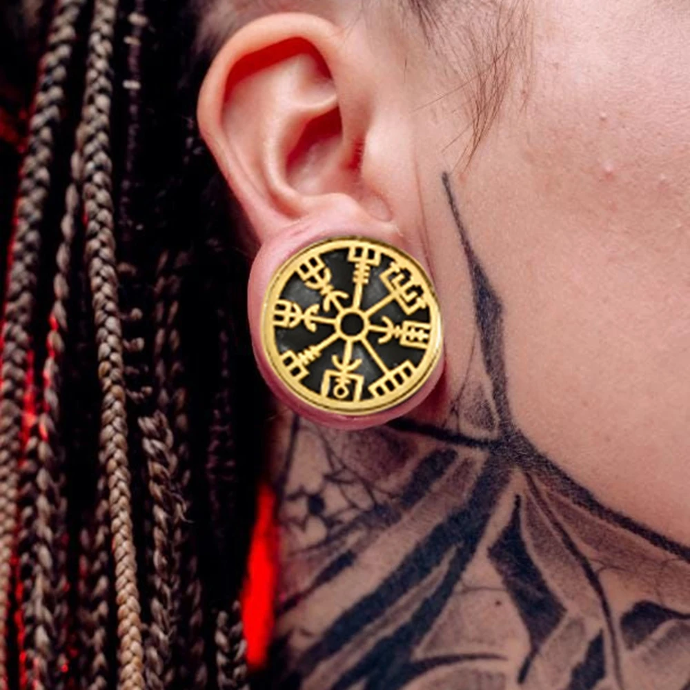 1/2PCS 18K Golden Plated Surgical Steel Mythology Rune Ear Gauges Tunnels Expander Piercing Body Jewelry Plugs Pulley Stretcher