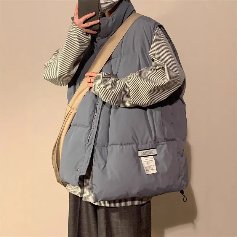 

Hip Hop Men Winter Puffer Vest American Vintage Cotton Waistcoat Streetwear Warm Sleeveless Jacket Male Coat