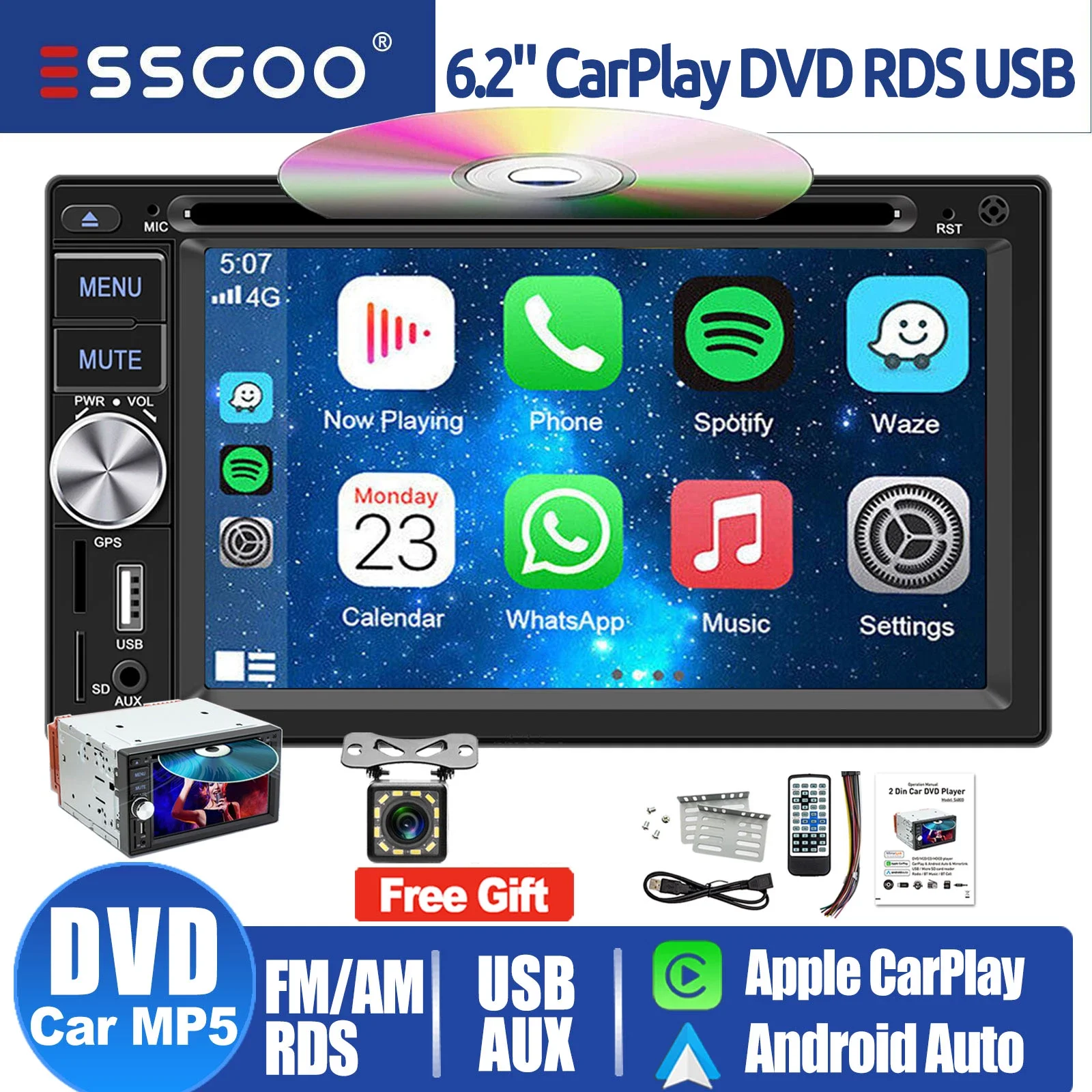 

ESSGOO Универсальный 6,2-дюймовый Apple Carplay Android Auto двойной 2 DIN автомобильный стерео радио CD DVD плеер AUX FM USB MP5 Mirror Link BT