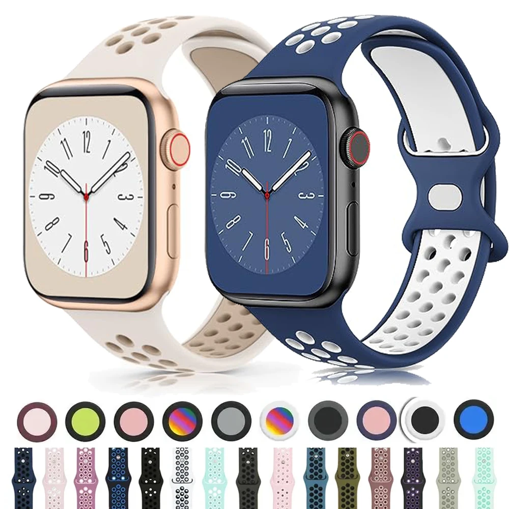 Tali silikon untuk jam tangan cerdas Apple, tali silikon untuk jam tangan cerdas Apple, ukuran 44mm, 40mm, Bracelet 45mm, gelang olahraga lubang udara, iWatch seri 9 8/7, 6 SE 5 4 3 Ultra2, 49mm