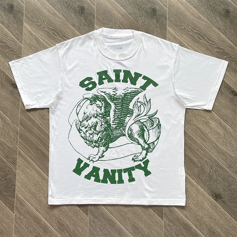 تي شيرت SAINT VANITY Ins The Same Style، تي شيرت كاجوال بأكمام قصيرة مطبوع عليه حروف للرجال والنساء مقاس كبير قابل للتنفس