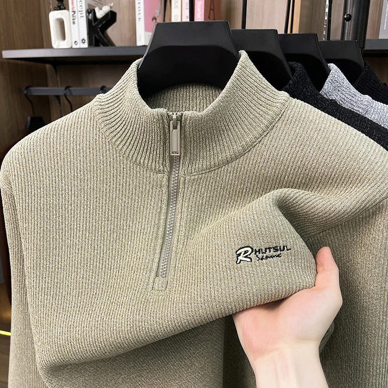 High end Brand letter embroidery men's sweater fashion plush thicken warm comfort knitted pullover half zipper stand collar top