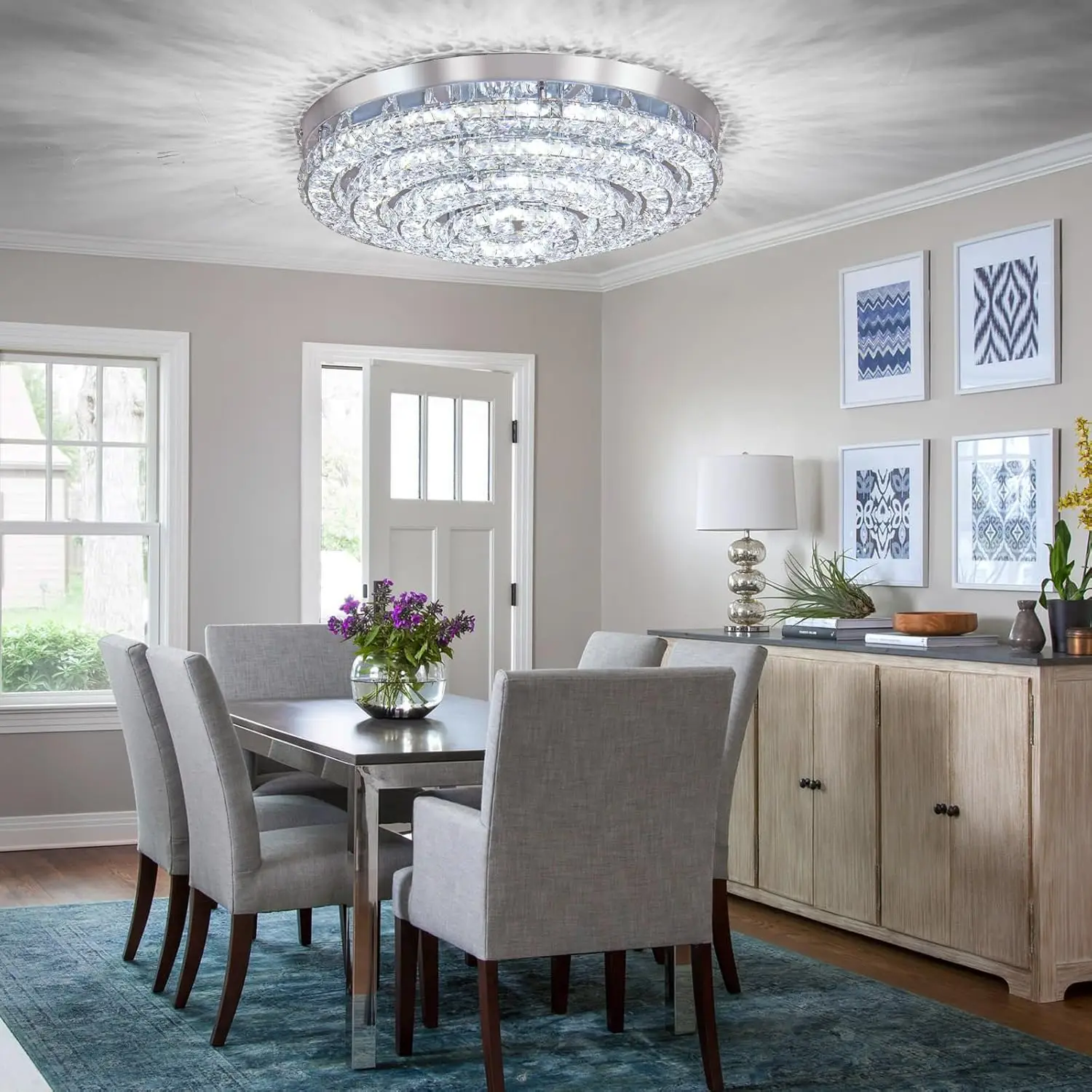 Crystal Chandelier,Semi Flush Mount Ceiling Light,Modern LED Lighting Fixture for Bedroom,Living Room,Hallway,Bathroom,Dining Room,4000K Cool White,17.7-inch Diameter
