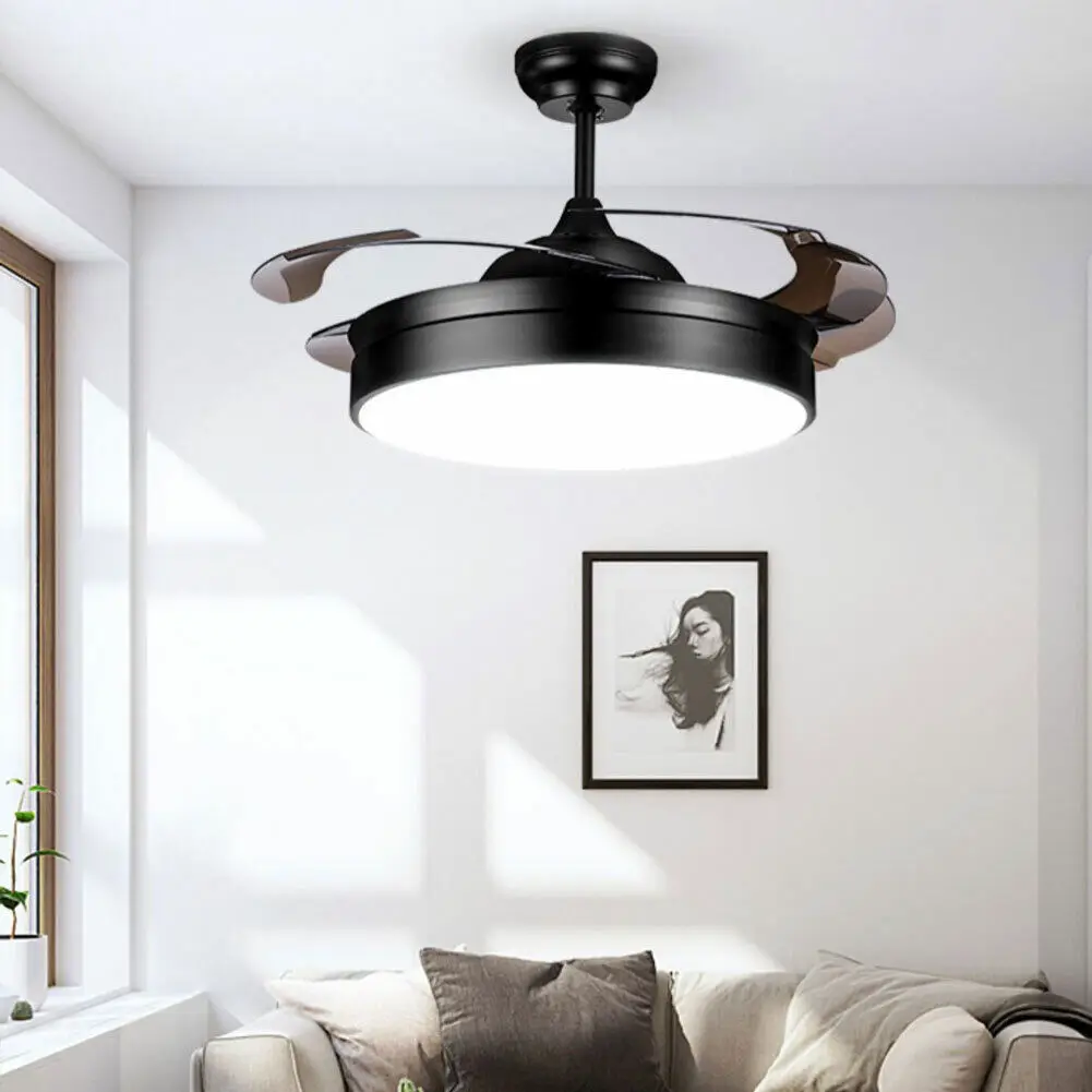 

42" Retractable Blades LED Ceiling Fan Light Lamp Chandelier With Remote Control