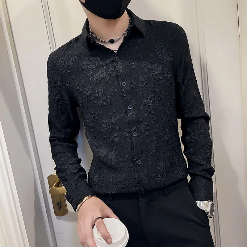 KPOP Fashion Style Harajuku Slim Fit Tops Loose All Match Casual Ropa Hombre Shirt Pointed Collar Button Jacquard Weave Blusa