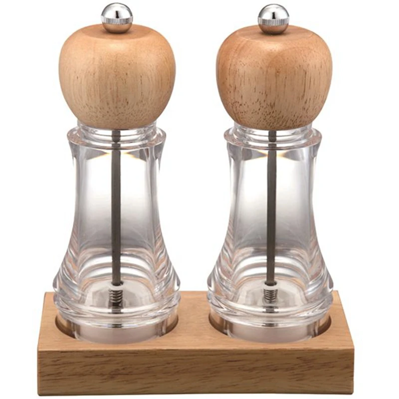 2PCS Wooden Salt and Pepper Grinder Set - Wood and Acrylic Mills, Adjustable Coarseness Pepper