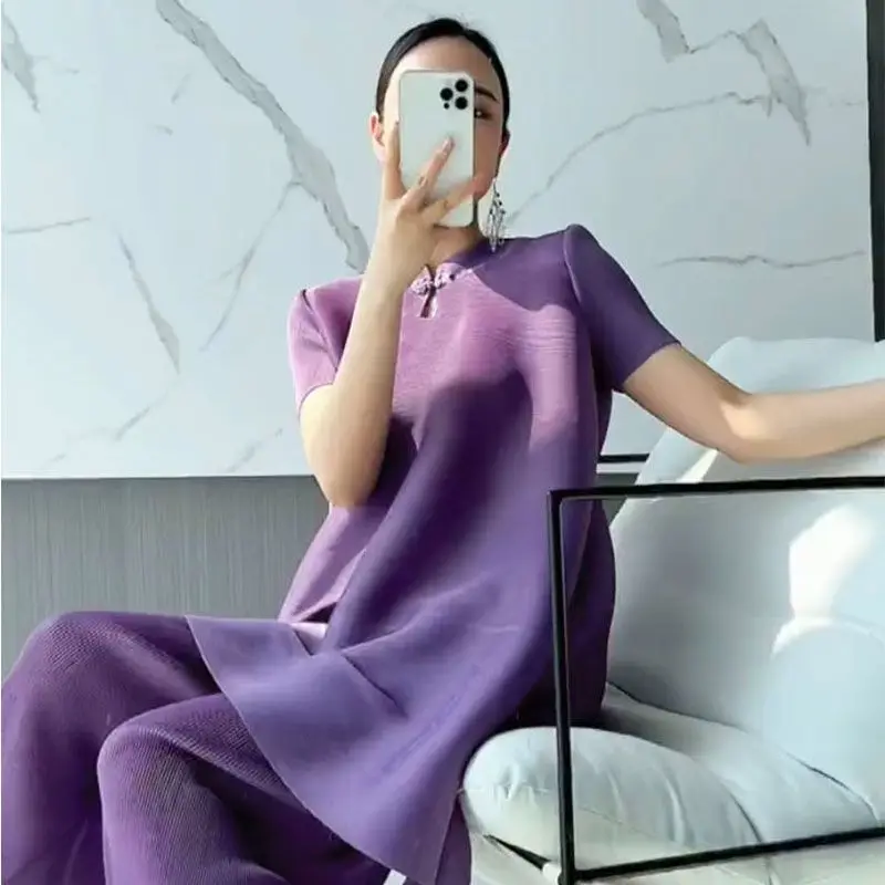 

Casual Dress 2023 Summer O neck Short Sleeve Disc Buckle Cheongsam Style Pure Color Casual Pleated Fashion Relaxed Dress Female
