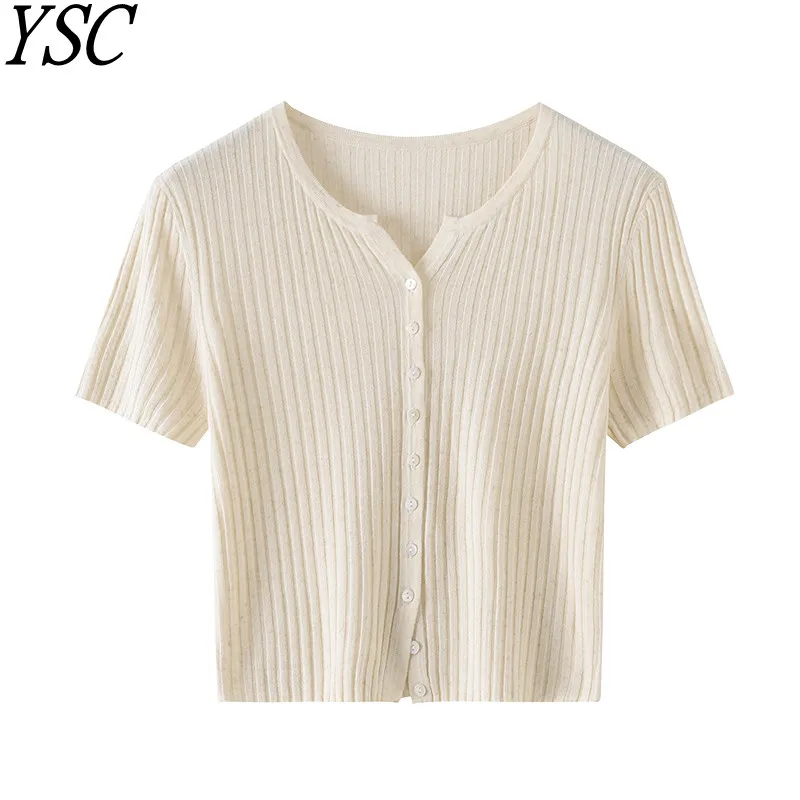 Women's Flax Wool Clothing fabric Sweater Cardigan V collar Short sleeved Pit strip Cool breathable Sunscreen fashion Cardigan