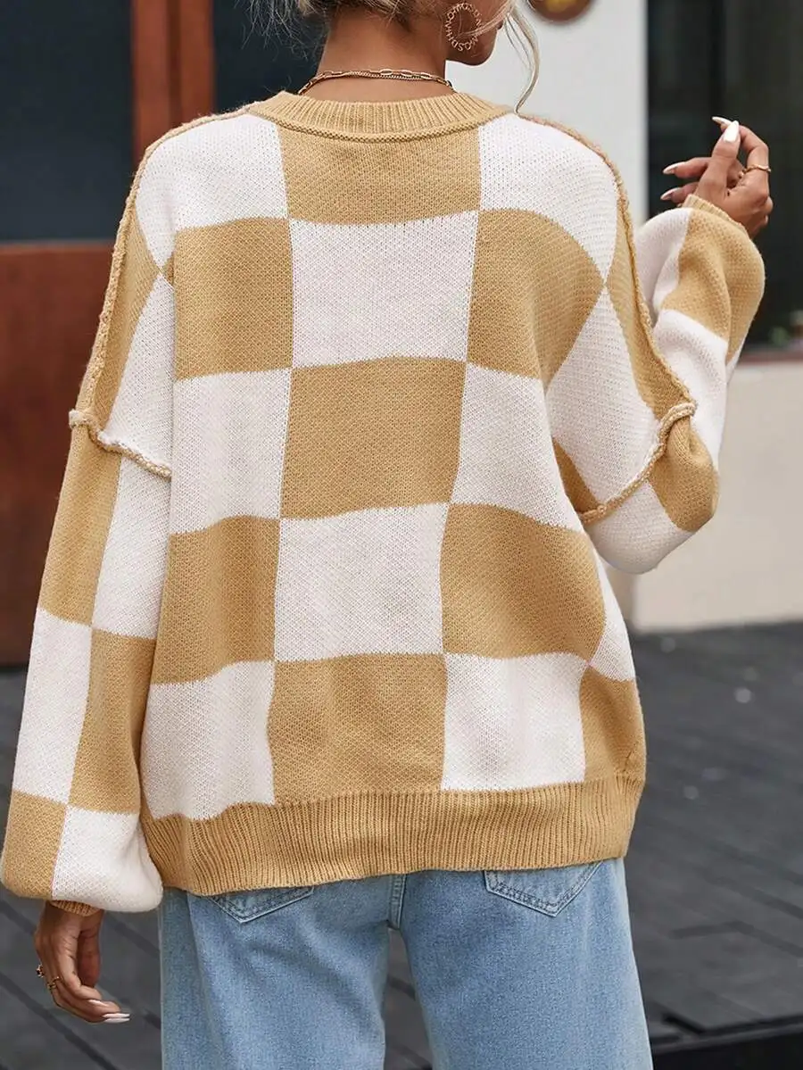 Oversized Plaid Knit Pullover with Bishop Sleeves, Crew Neck