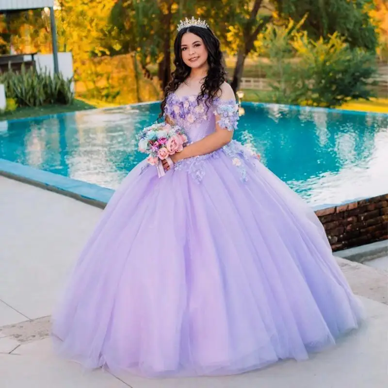 Abiti Quinceanera viola lavanda personalizzati con applicazioni increspate al largo della spalla Abito in tulle Princesse Bleu Femme