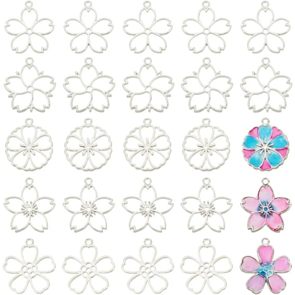 30pcs 5 Styles Alloy Open Back Bezel Pendants Flower Hollow Frame Dangle Charms Making Kits Sakura Open Bezel Frame Pendants