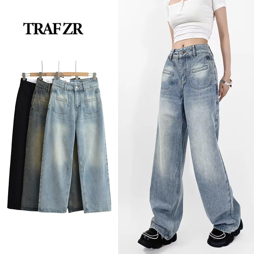 TRAF ZR Full Length Autumn Chic Jeans Comfy Wide Leg Denim Pants for Women COTTON High Quality Jeans Frayed Hem Pantalones Mujer